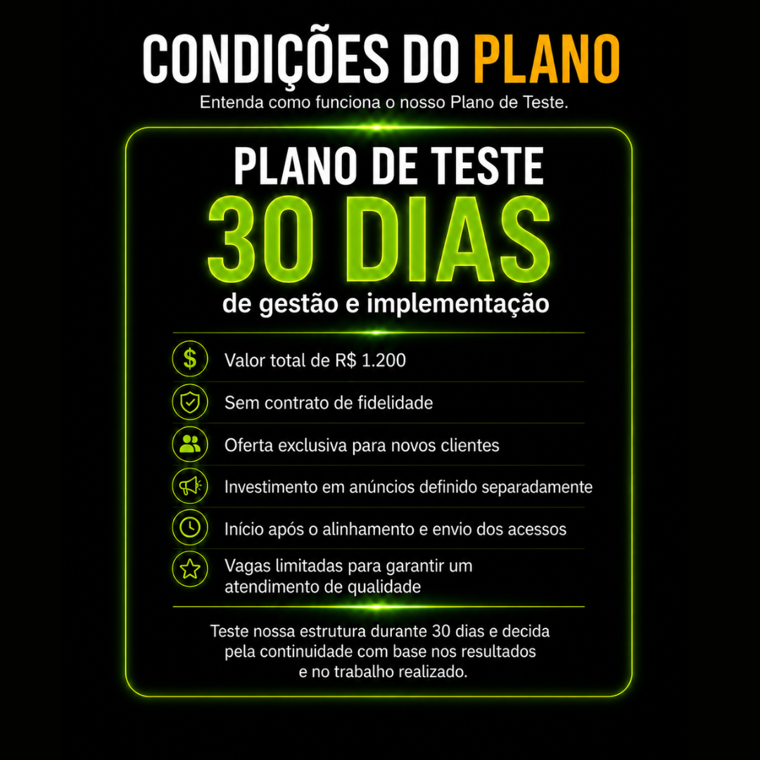 Condições do Plano de Teste Gravon Company — 30 dias de gestão e implementação sem fidelidade